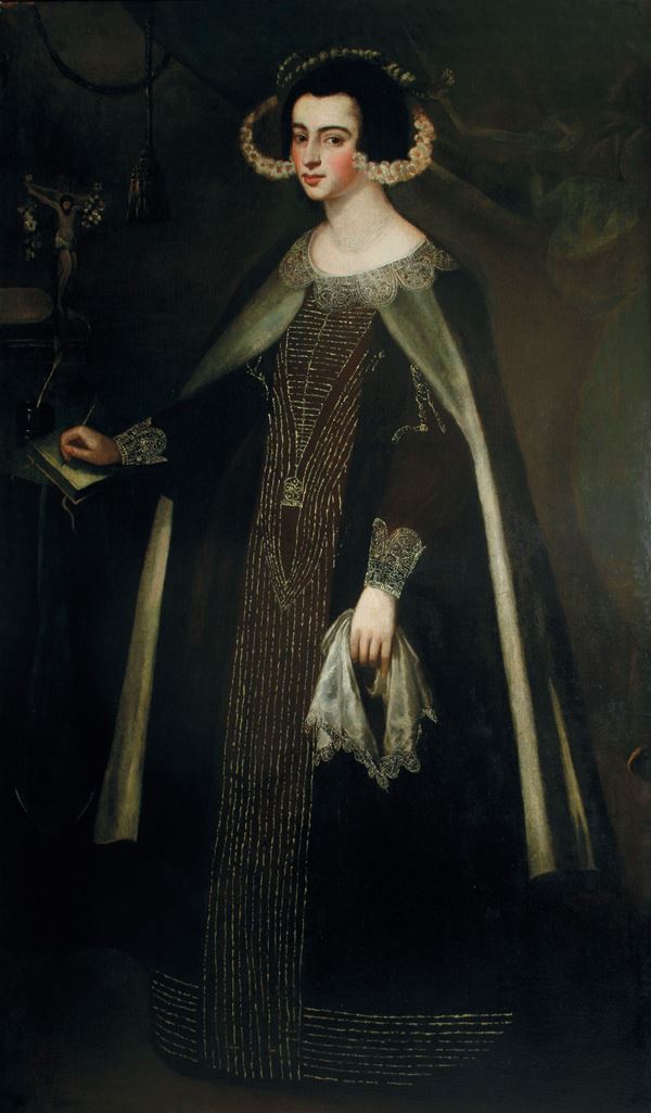 Scuola spagnola dell'inizio del XVII secolo Ritratto di dama con fazzoletto