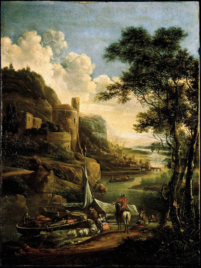 Gerrit van Battem : Paesaggio fluviale con imbarcazioni e figure  - olio su tavola - Asta Dipinti Antichi - Cambi Casa d'Aste