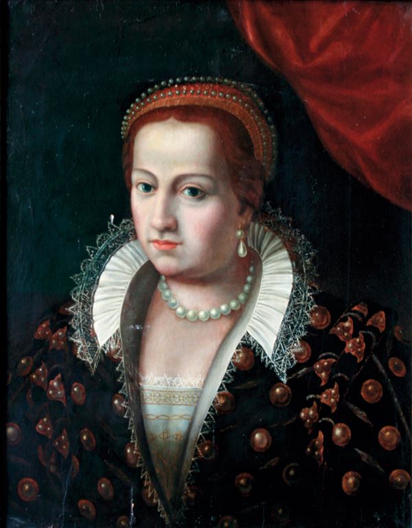 Scuola del nord Europa della seconda metà del XVI secolo Ritratto di dama con collana di perle