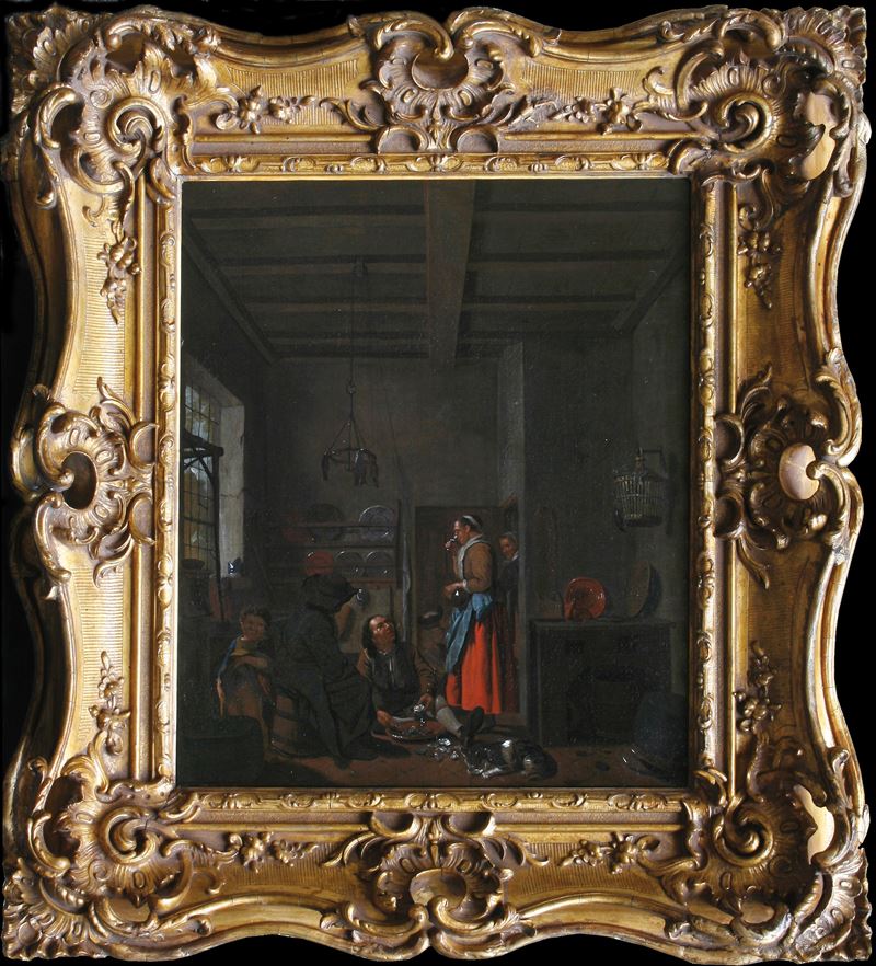 Jan Jozef Horemans : Scena d'interno con uomo che mangia  - olio su tela - Asta Dipinti Antichi - Cambi Casa d'Aste