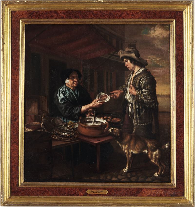 Jan Victors : Vecchia ostessa offre cibo a un giovane mendicante  - olio su tela - Asta Dipinti Antichi - Cambi Casa d'Aste