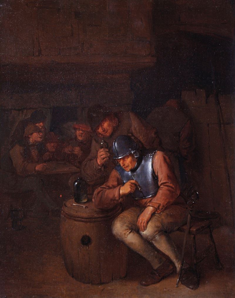 Egbert Van Heemskerck : Interno di taverna con soldato e giocatori di carte  - olio su tela - Asta Dipinti Antichi - Cambi Casa d'Aste