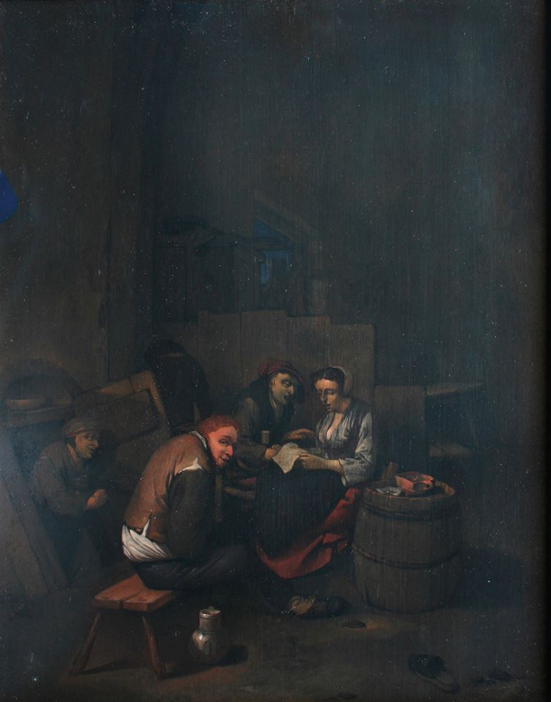 Cornelis Bega : Contadini che leggono una lettera in un interno  - olio su tavola - Asta Dipinti Antichi - Cambi Casa d'Aste