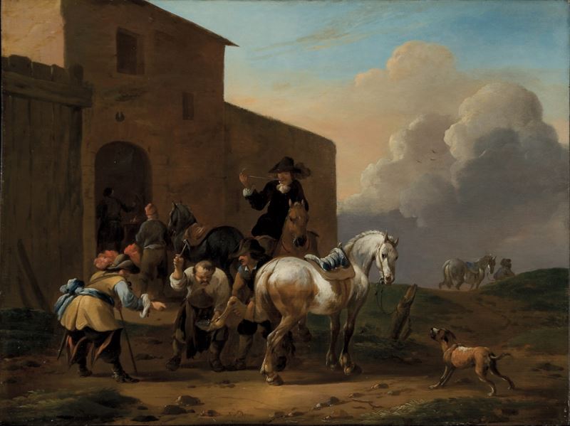 Simon Johannes Van Douw : Cavalieri presso la bottega di un maniscalco  - olio su tavola - Auction Old Master Paintings - Cambi Casa d'Aste