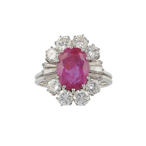 Ruby and diamond cluster ring. Ruby with no indications of heating