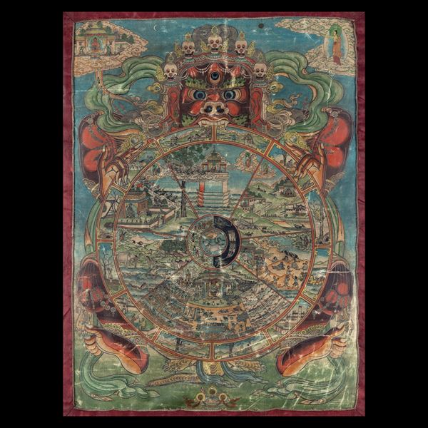 Thangka in seta raffigurante ruota della vita di Buddha, Tibet, XIX secolo