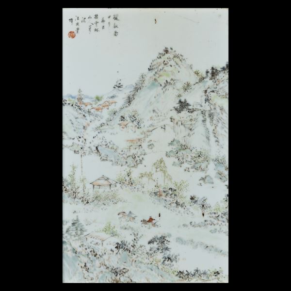 Placca in porcellana a decoro paesaggistico con scene di vita comune, Cina, Repubblica, XX secolo