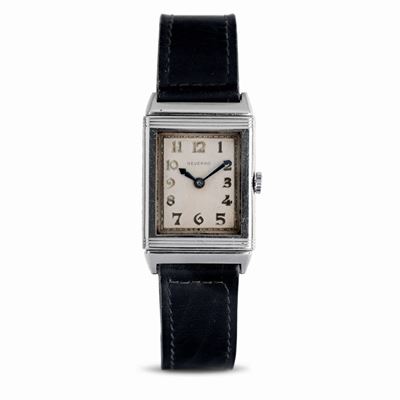 Elegante e Raro Reverso Anni '30 in Acciaio, Quadrante Bianco con Numeri Decò, a Carica Manuale