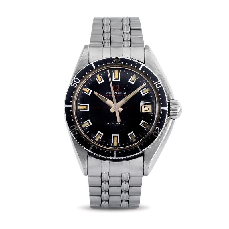 Universal Gen&#232;ve : Rare and attractive Pole Router diver wristwatch, asymmetrical stainless steel case with graduated revolving bezel, black dial, original Gay Freres bracelet  - Auction Watches - Cambi Casa d'Aste