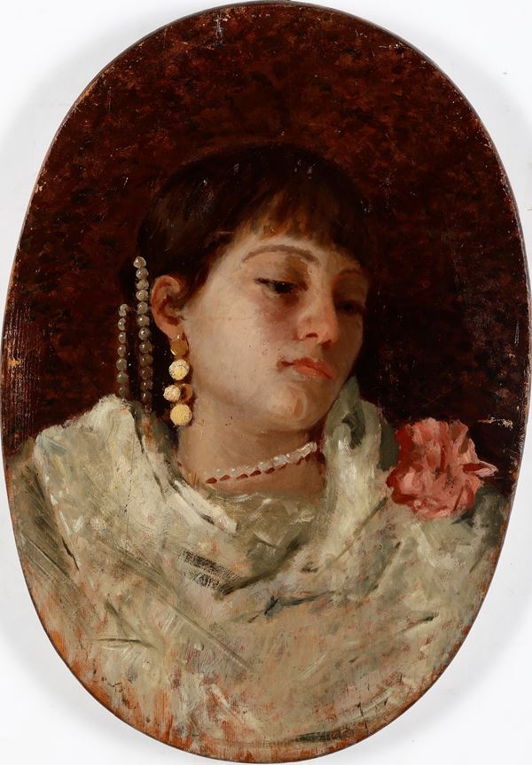 Pittore del XIX-XX secolo Busto di ragazza con fiore
