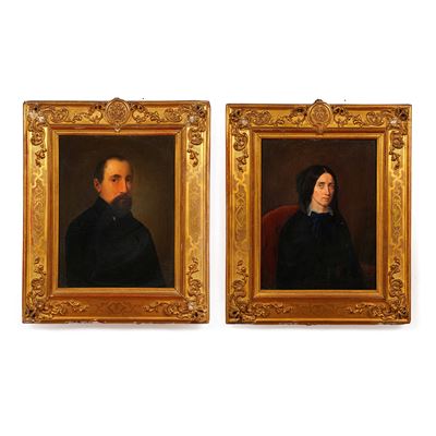 Coppia di Cornici da Appoggio con Ritratto di Gentiluomo e Gentildonna. XIX Secolo