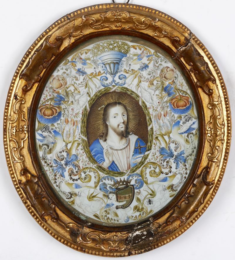Scuola del XVII secolo Cristo benedicente entro corona con decori floreali e stemma  - miniatura su pergamena - Asta Dipinti Antichi - Cambi Casa d'Aste