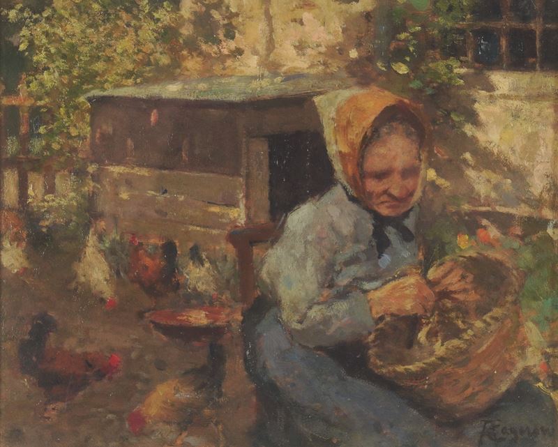 Amerino Cagnoni : Anziana e galline  - olio su tavola - Asta Dipinti del XIX e XX secolo - Cambi Casa d'Aste