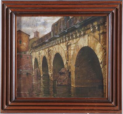 Firma Non Decifrata. "il Ponte Romano di Rimini"tecnica Mista su Tavola, Anni 20/30