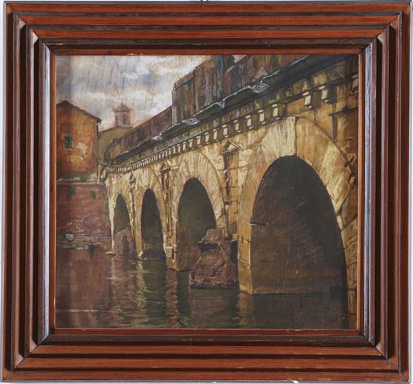 Firma non decifrata. "Il ponte romano di Rimini" tecnica mista su tavola, anni 20/30