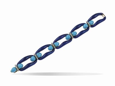 Bracciale con smalto blu e smalto turchese in montatura in oro giallo e oro bianco 750/1000 con d...