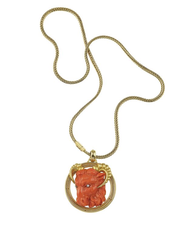 Carved coral, diamond and gold pendant necklace. Signed David Colombo