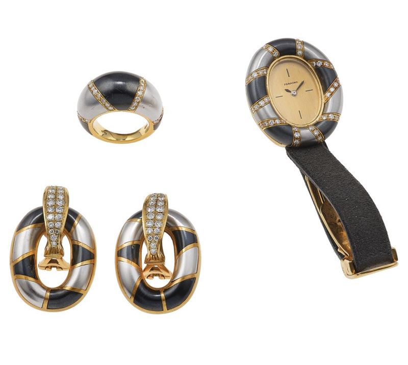 Gold, burnished gold, steel and diamond parure. Signed Faraone  - Auction Vintage Jewellery - Cambi Casa d'Aste