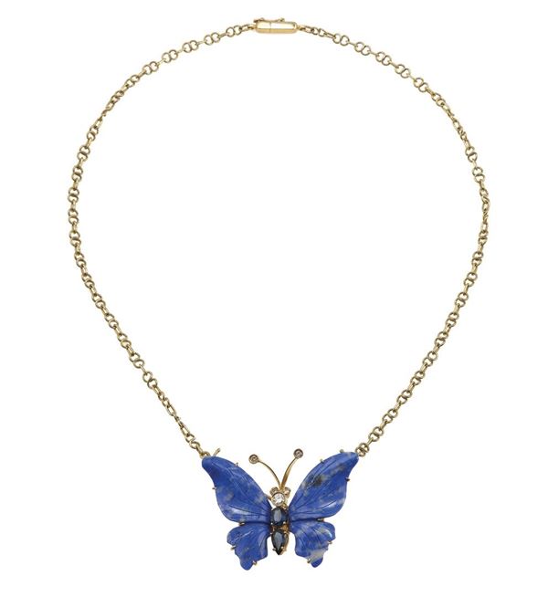 Sodalite, sapphire and diamond necklace