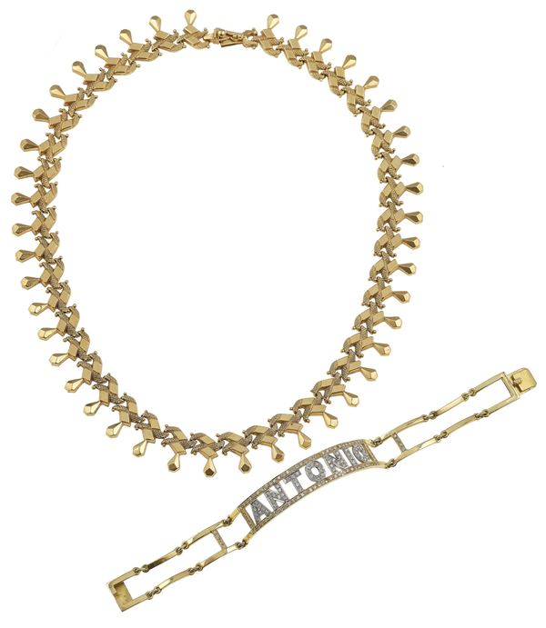 Gold necklace and gold and diamond bracelet