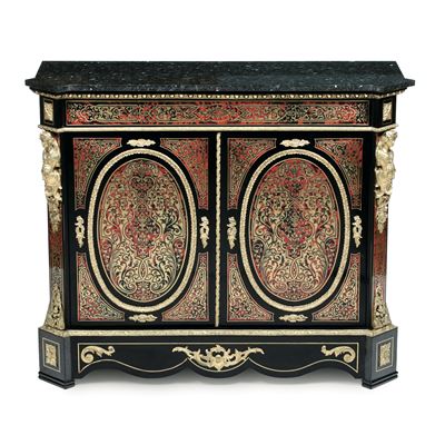 Credenza Napoleone III in Legno Ebanizzato e Decoro in Bronzo e Metallo Dorato Stile Boulle, Fran...