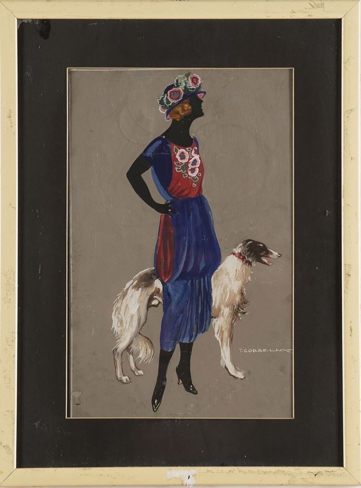 Tito Corbella : Figura femminile con cane  - tempera su cartoncino, - Asta Pittura del XIX-XX secolo - Cambi Casa d'Aste