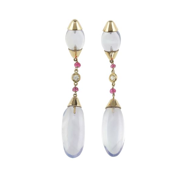 Pair of quartz, diamond and ruby earrings