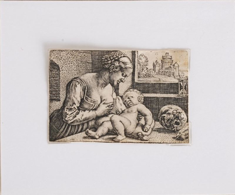 Barthel Beham, Norimberga (1502-1540) La Vergine con il bambino e il teschio  - Asta Stampe, Vedute e Carte Geografiche - Cambi Casa d'Aste