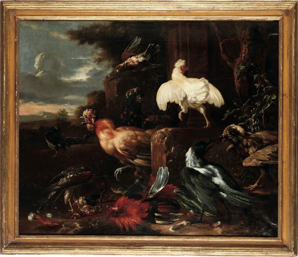 Melchior d'Hondecoeter - Un gallo, galline, un corvo e una poiana in un paesaggio