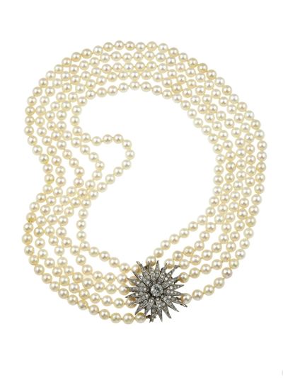 Collana a cinque fili di perle coltivate con fermezza in diamanti di vecchio taglio