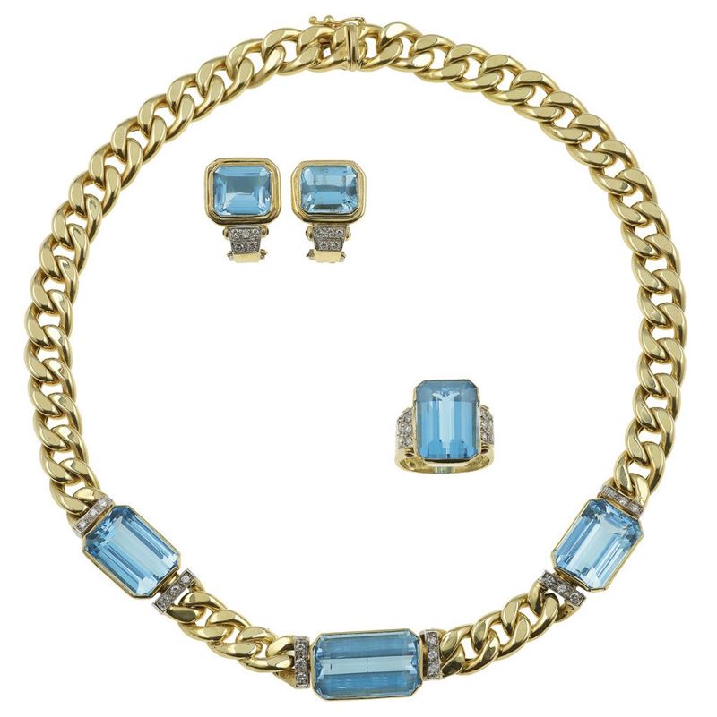 H. Stern. Parure composta da girocollo, anello ed orecchini con topazi blu e diamanti  - Asta Vintage Jewellery - Cambi Casa d'Aste