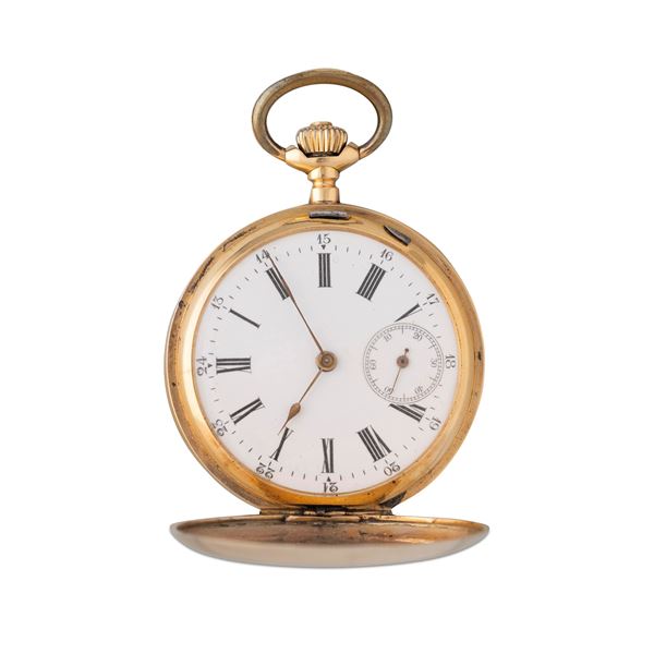 Demi-Chronometre savonette in oro giallo 18k con coperchio con monogramma, quadrante smalto bianco con numeri Romani e piccoli secondi al sei<BR>47,5 mm, peso 78 g<BR>