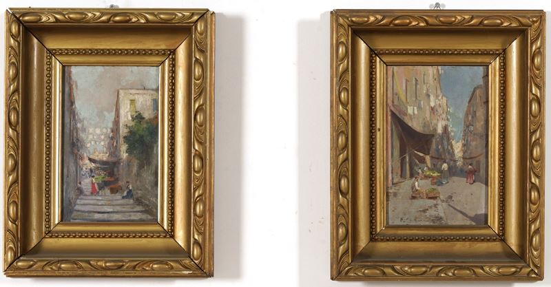 Pittore del XIX-XX secolo Coppia di vedute  - coppia di dipinti olio su tavoletta - Asta Dipinti del XIX e XX secolo - Cambi Casa d'Aste