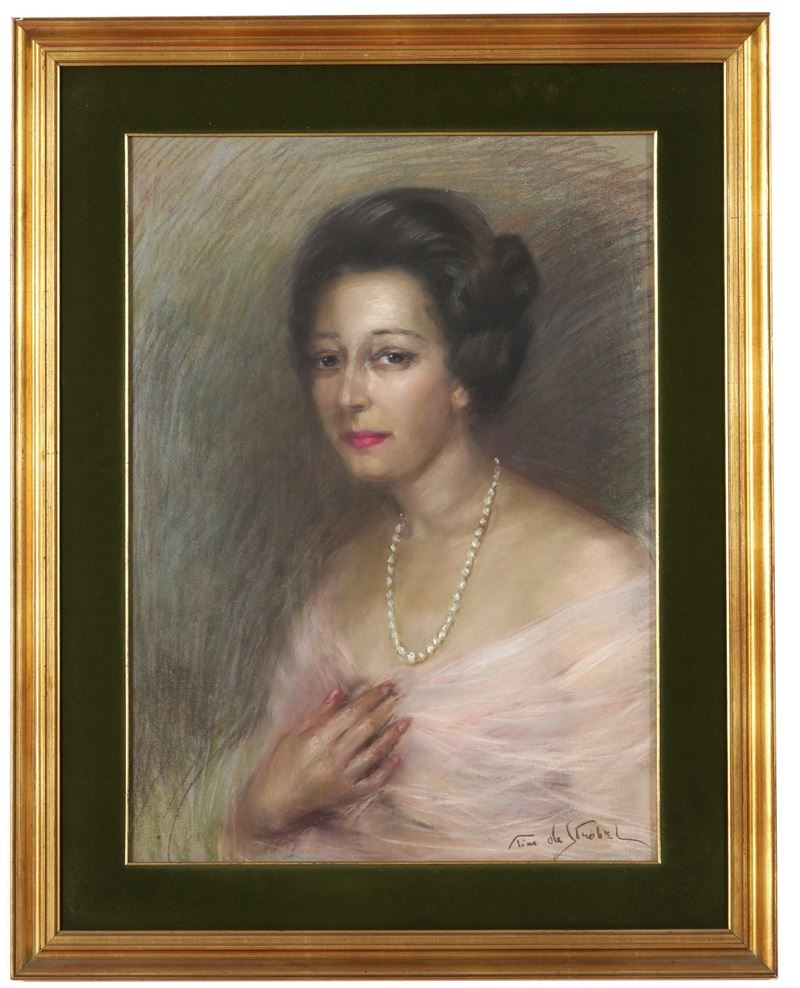 Tina De Strobel : Ritratto di donna con collana di perle  - pastelli su carta - Asta Dipinti del XIX e XX secolo - Cambi Casa d'Aste