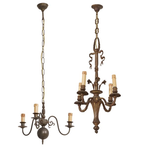 Lampadario in metallo dorato e piccolo lampadario olandese a tre luci