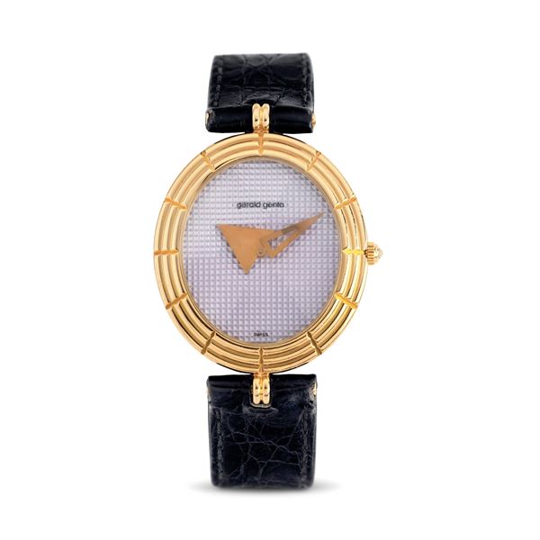 Gerald Genta - Elegant oval-shaped wristwatch, 18k yellow gold, mauve dial accompanied by original warranty