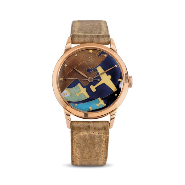 Omega - Raro e attraente orologio da polso in oro rosa 18k quadrante in smalto cloisonnè raffigurante una flotta di aerei in volo e una mappa della costa corredato da scatola e garanzia