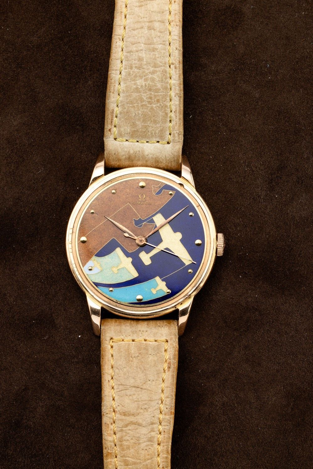 Omega - Raro e Attraente Orologio da Polso in Oro Rosa 18k Quadrante in Smalto Cloisonnè Raffigur...