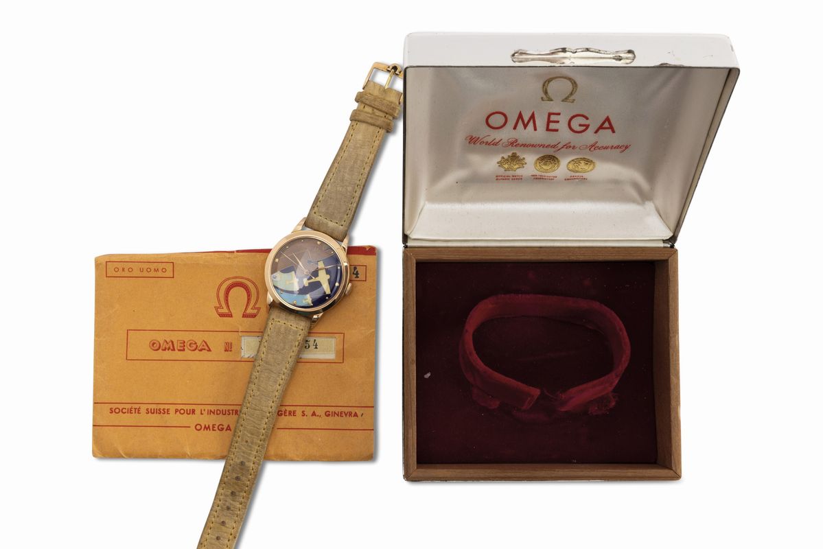 Omega - Raro e Attraente Orologio da Polso in Oro Rosa 18k Quadrante in Smalto Cloisonnè Raffigur...