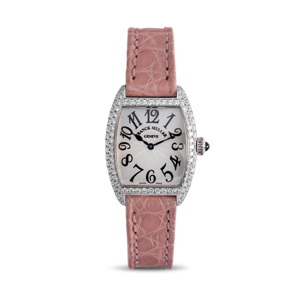 Franck Muller - Raffinato e attraente orologio da polso in oro bianco 18k e diamanti, cassa tonneau, quadrante argentè con numeri Arabi esplosi e cinturino in pelle