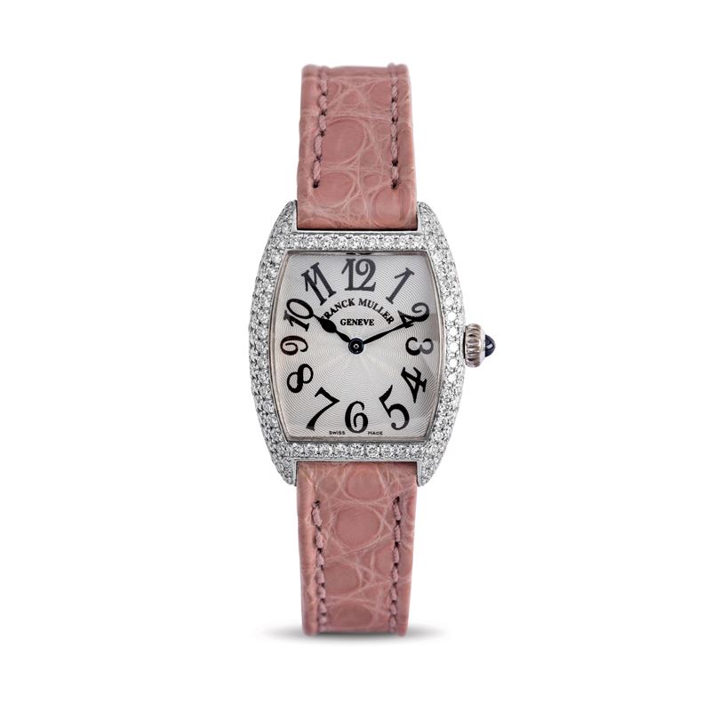 Franck Muller : Refined and attractive 18k white gold and diamond wristwatch, tonneau case, argentè dial with exploded Arabic numerals and leather strap  - Auction Watches - Cambi Casa d'Aste