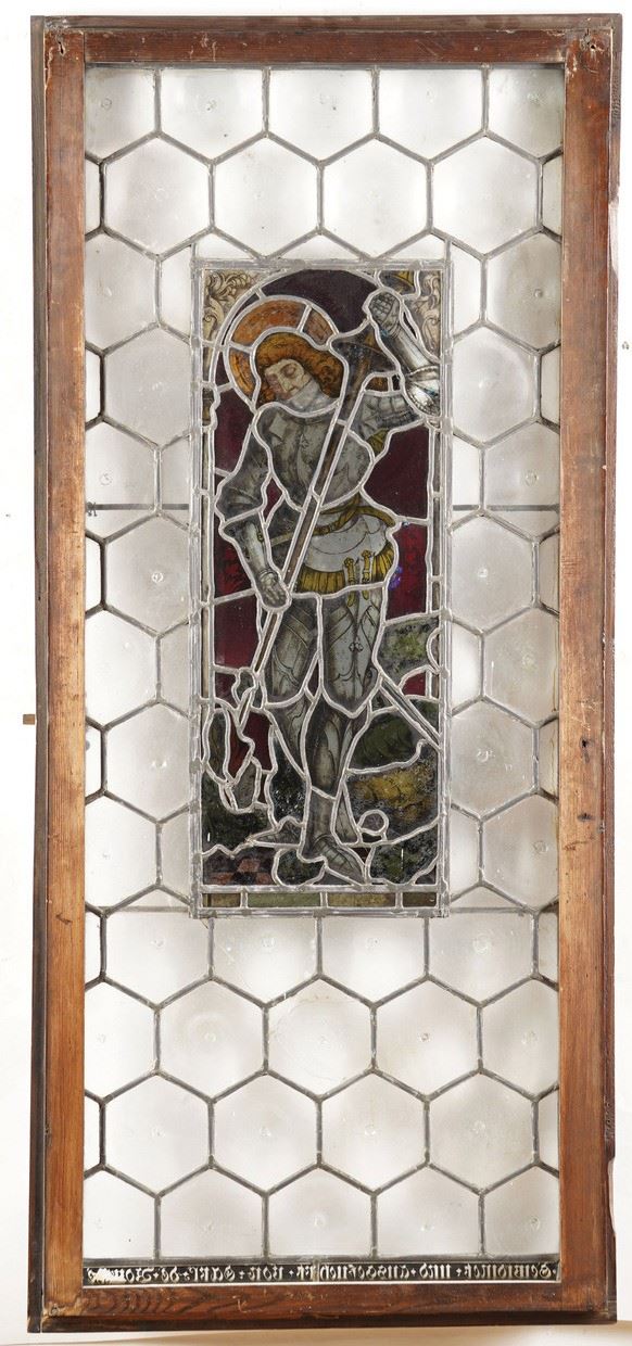 Coppia di ante con vetri piombati centrati da pannelli policromi con San Giorgio e Santa. Arte del Nord Europa, XIX secolo