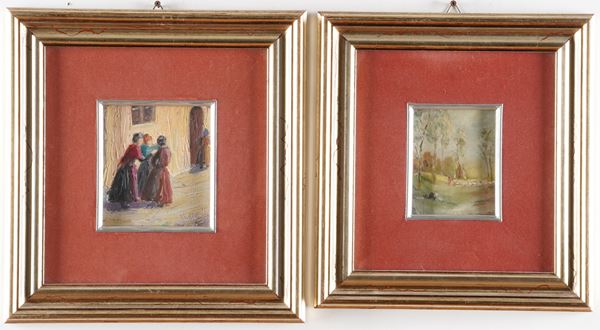 Lotto di due piccoli dipinti Paesaggio Figure in una strada