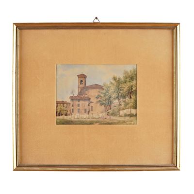 Scuola italiana, Veduta di abbazia, acquerello su carta, XIX secolo