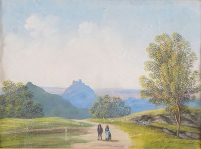 Anonimo, Paesaggio con figure, gouache su carta (XIX secolo)