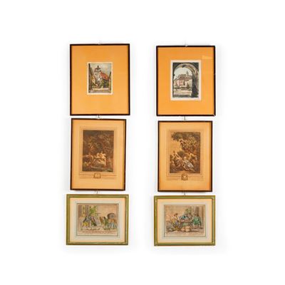 Incisioni colorate su carta (insieme di sei), Scene di città, galanti francesi e vita spagnola, f...