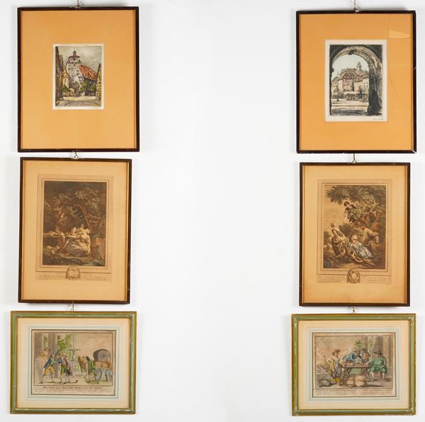 Lotto di sei incisioni colorate tra cui due scorci di città, due scene galanti francesi e due scene di vita spagnola. Fine XIX, inizi XX secolo
