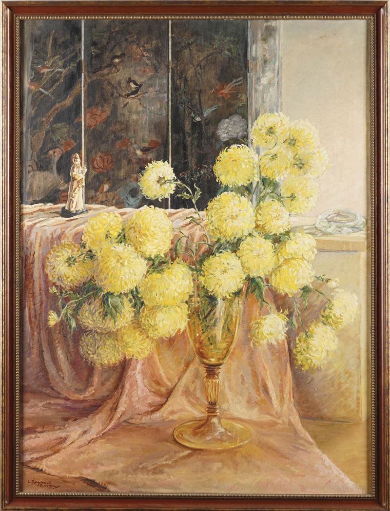 Linda Raynaut Rivetta Natura morta con anemoni e statua cinese  - Olio su tela - Auction Paintings from the 19th-20th centuries - Cambi Casa d'Aste