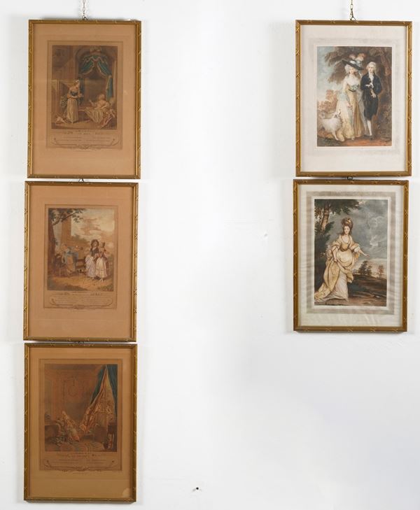 Lotto di cinque incisioni colorate a soggetti diversi. Fine XIX, inizi XX secolo