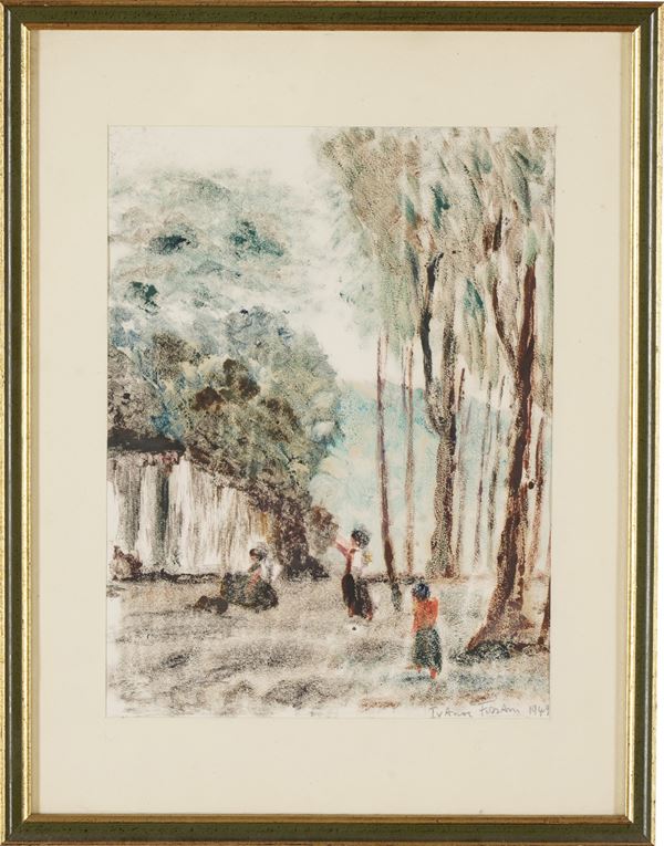 Ivanoe Fossani Paesaggio boscoso con figure